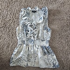 ASTR Ruffled Floral Blouse - Cream and Blue